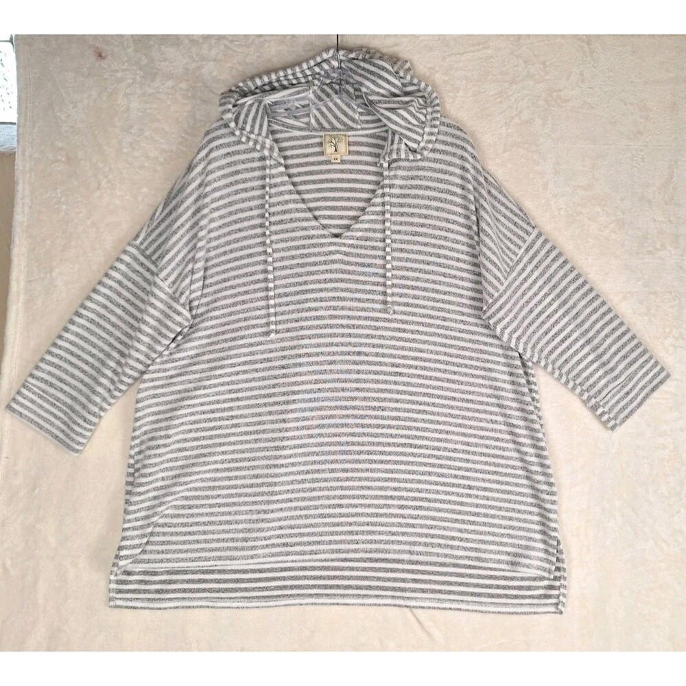 Colortree Womens Plus 2X Top Gray White Striped 3/4 Sleeves Hooded Soft Sweater
